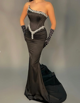Vestido de noche elegante de sirena, negro, sin tirantes, de satén, con cuentas y guantes, Y8530